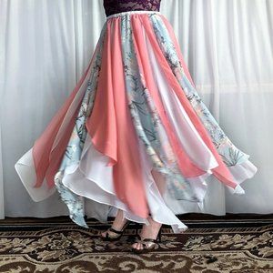 Ameynra design solid color & floral print chiffon petal skirt for dance. Size M